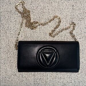 Valentino Black Leather wallet Clutch with Gold Chain